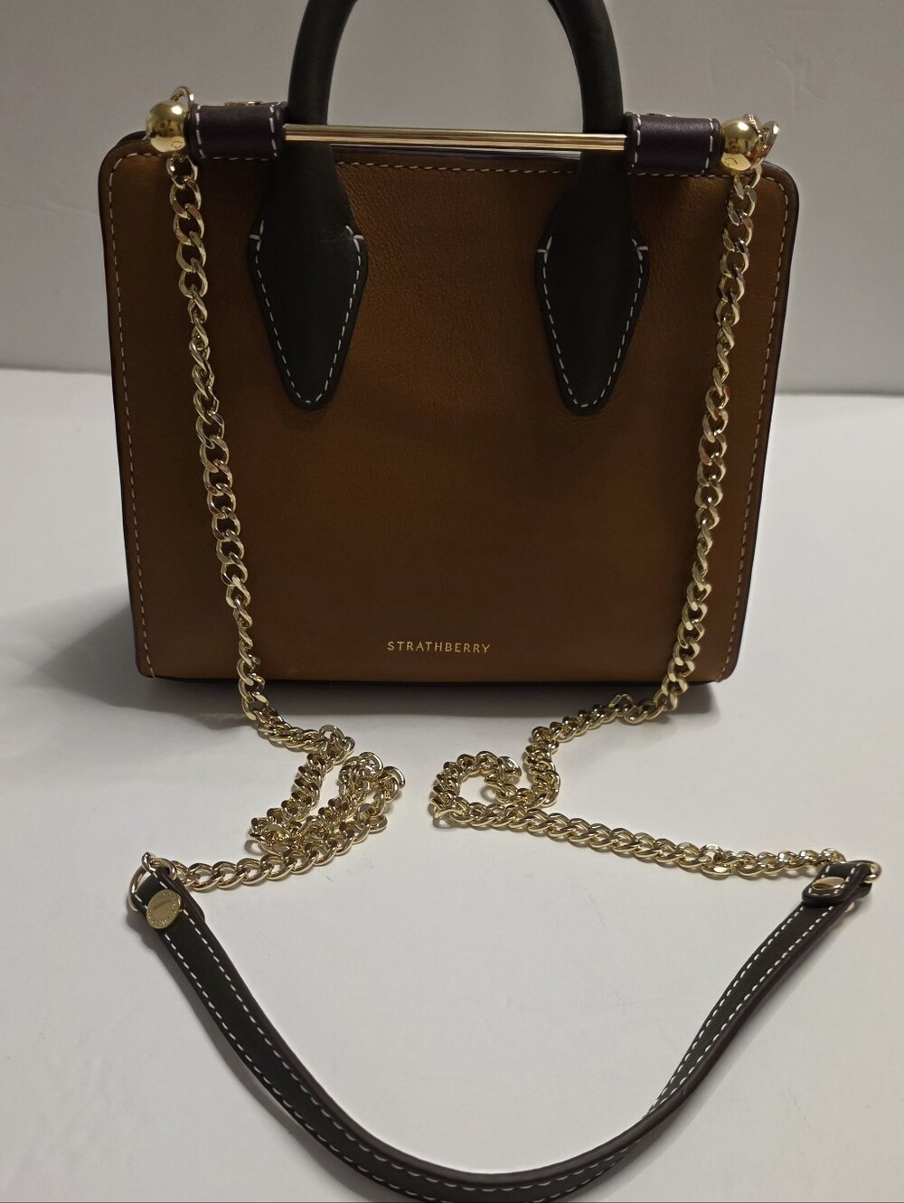 Strathberry Nano Tote Tan/Burgundy/Forest Never Carried w/ Box & Dust Bag